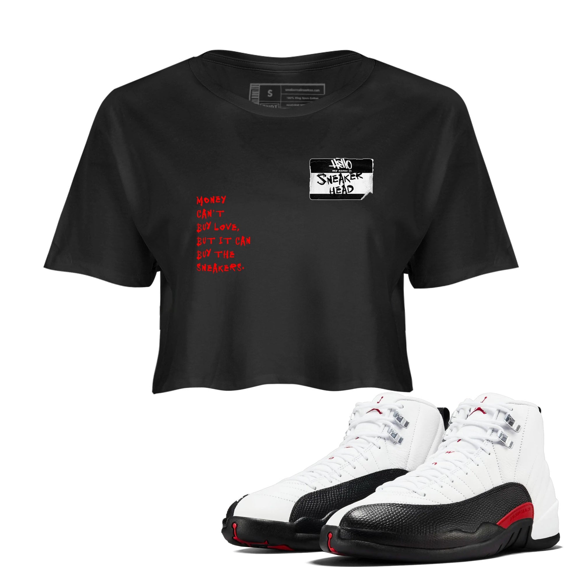 Air Jordan 12 Red Taxi shirts to match jordans Sneakerhead Badge sneaker match tees 12s Red Taxi SNRT sneaker release Tees Black 1 crop length shirt