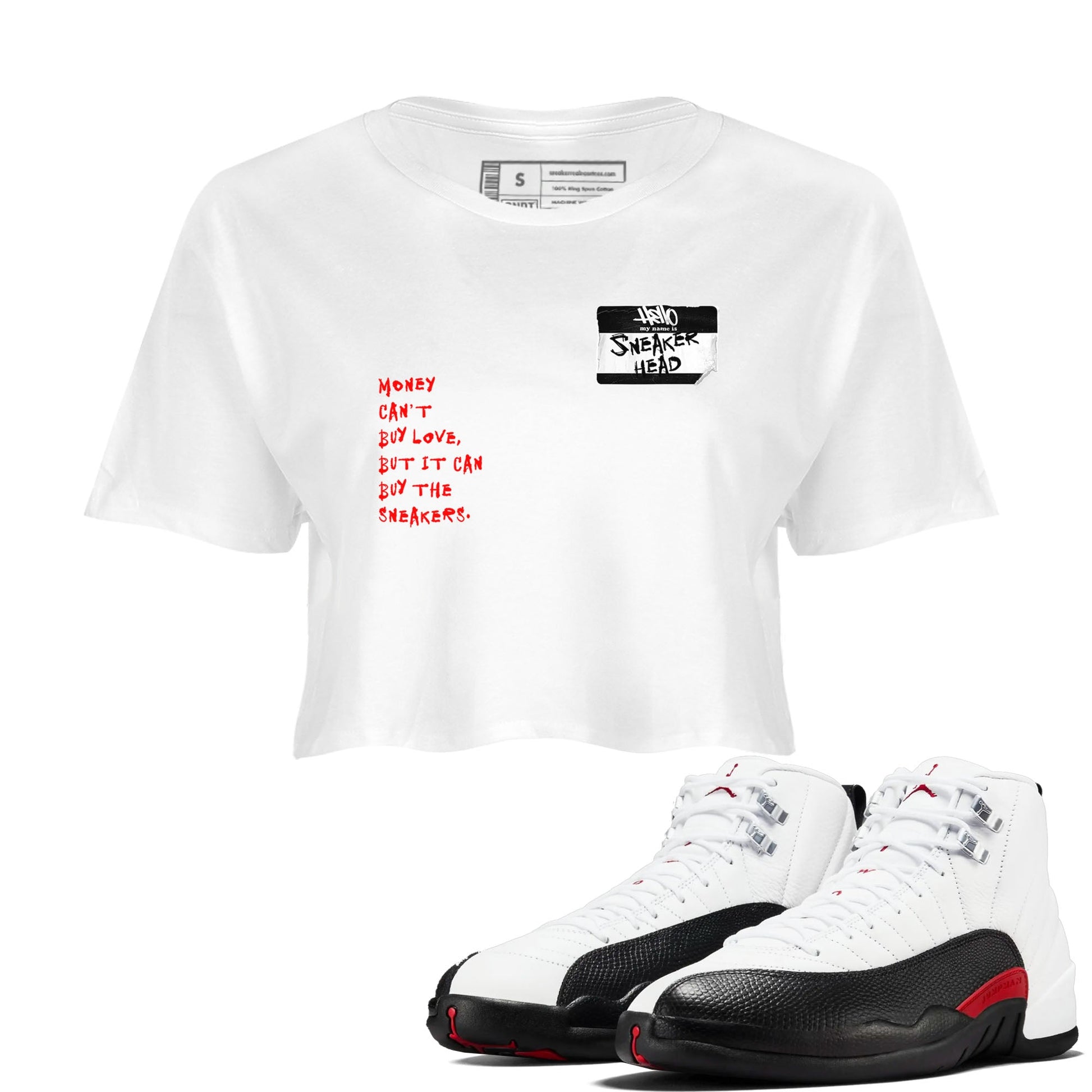 Air Jordan 12 Red Taxi shirts to match jordans Sneakerhead Badge sneaker match tees 12s Red Taxi SNRT sneaker release Tees White 1 crop length shirt