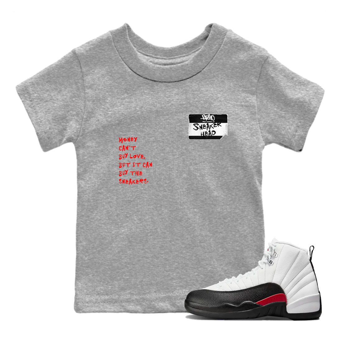 Air Jordan 12 Red Taxi shirts to match jordans Sneakerhead Badge sneaker match tees 12s Red Taxi SNRT sneaker release tees baby toddler Heather Grey 1 cotton Shirt