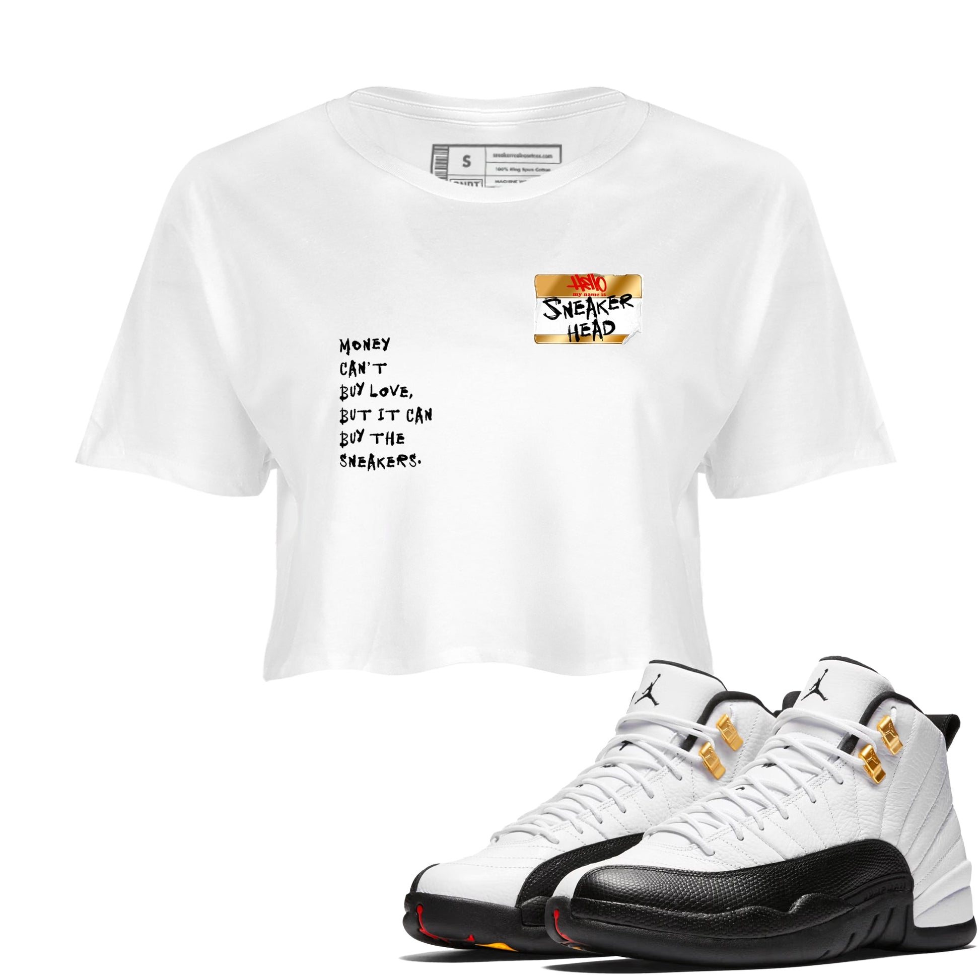 Sneaker match tees – Sneaker Tees To Match Air Jordan 12 Taxi Shoes – Sneakerhead Badge Crop T-Shirt White 1