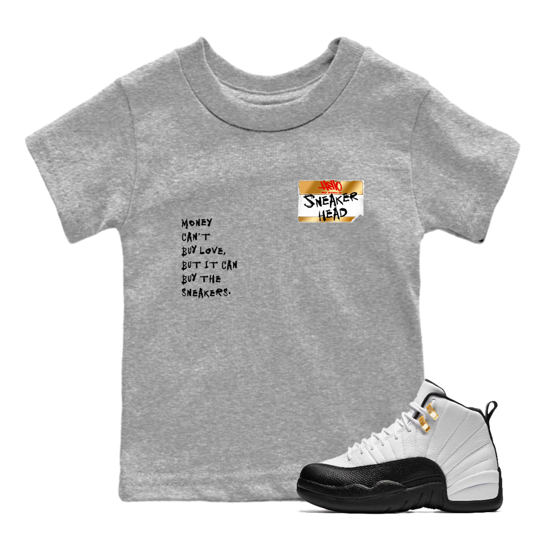 Sneaker match tees – Sneaker Tees To Match Air Jordan 12 Taxi Shoes – Sneakerhead Badge Kids T-Shirt Heather Grey 1