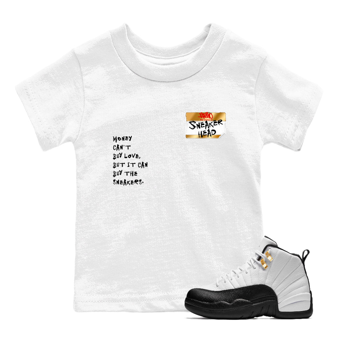 Sneaker match tees – Sneaker Tees To Match Air Jordan 12 Taxi Shoes – Sneakerhead Badge Kids T-Shirt White 1