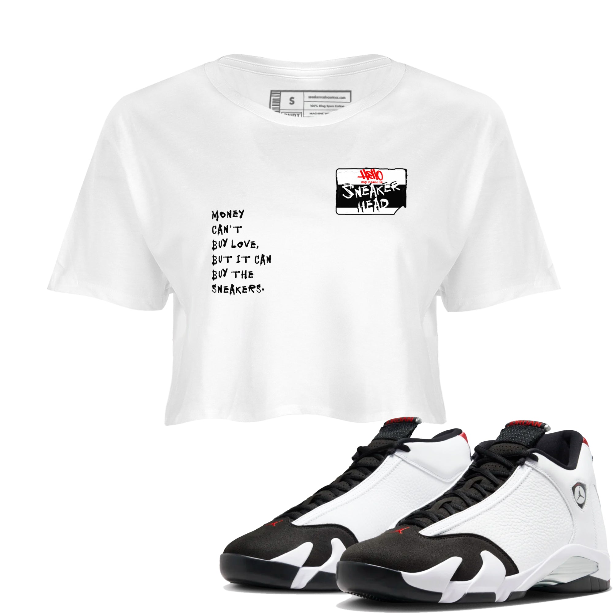 Air Jordan 14 Black Toe t shirts to match sneakers Sneakerhead Badge sneaker match tees 14s Black Toe sneaker match tee SNRT Sneaker Tees unisex cotton White 1 crop tee