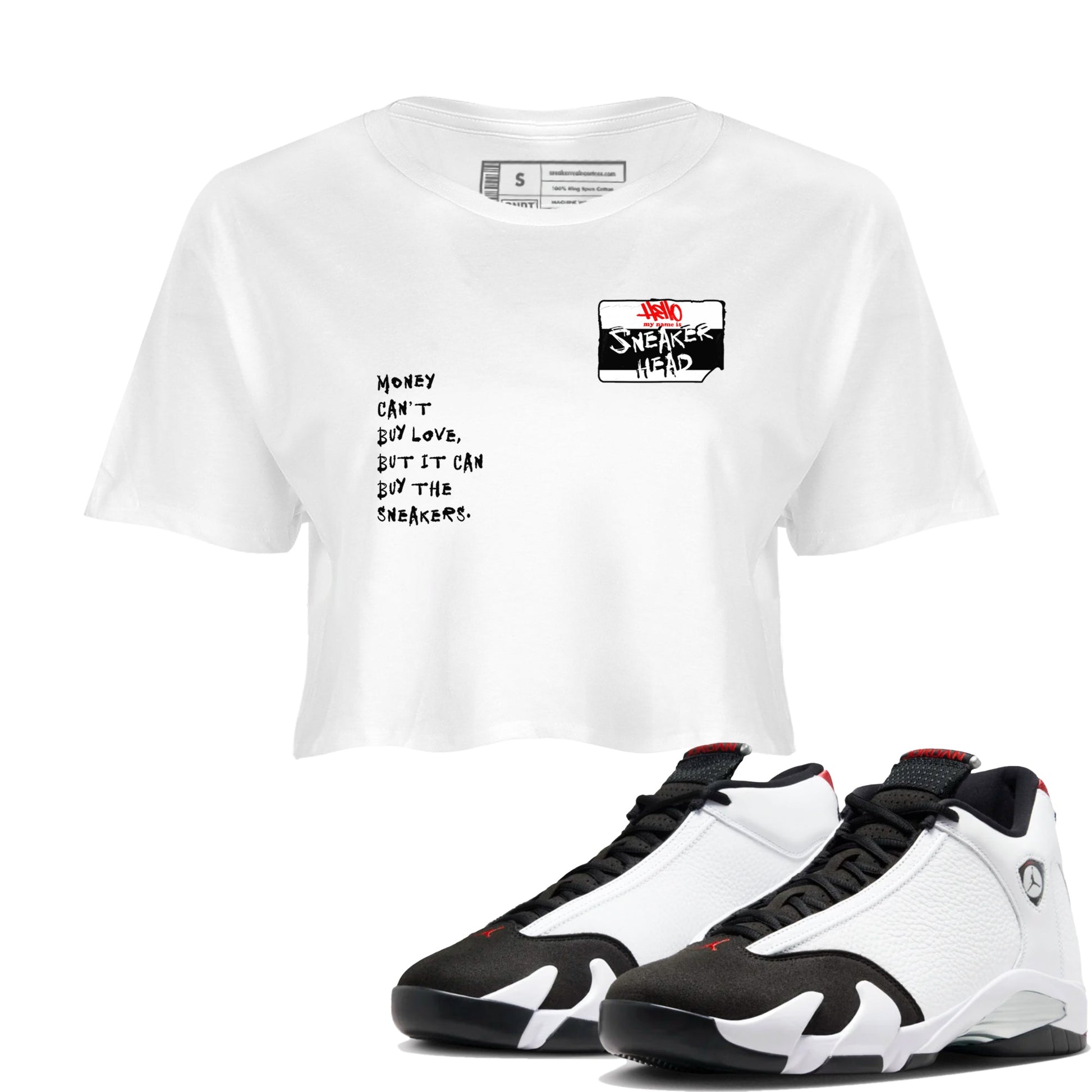 Air Jordan 14 Black Toe t shirts to match sneakers Sneakerhead Badge sneaker match tees 14s Black Toe sneaker match tee SNRT Sneaker Tees unisex cotton White 1 crop tee