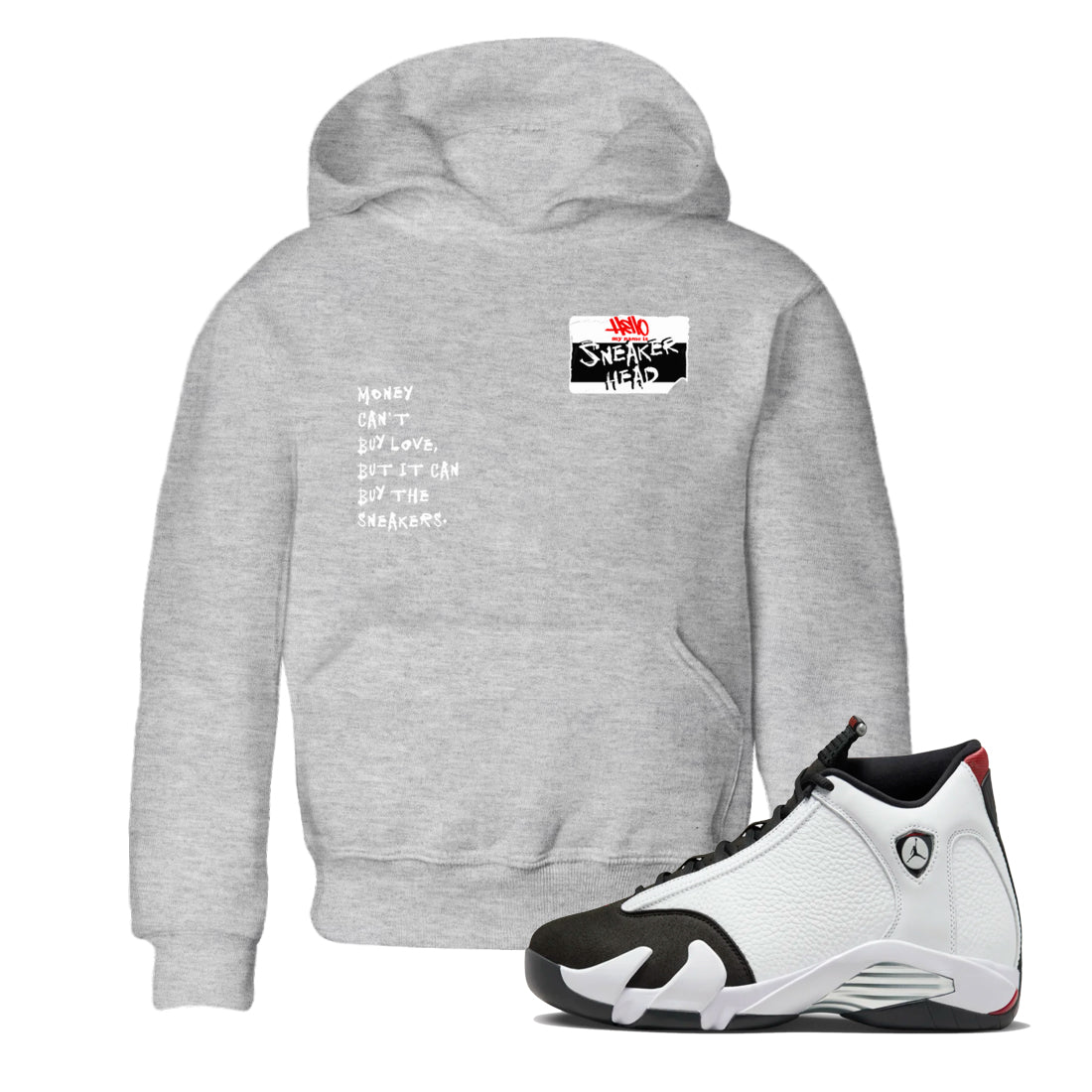 Air Jordan 14 Black Toe t shirts to match sneakers Sneakerhead Badge sneaker match tees 14s Black Toe sneaker match tee SNRT Sneaker Tees Youth Baby Heather Grey 1 tee