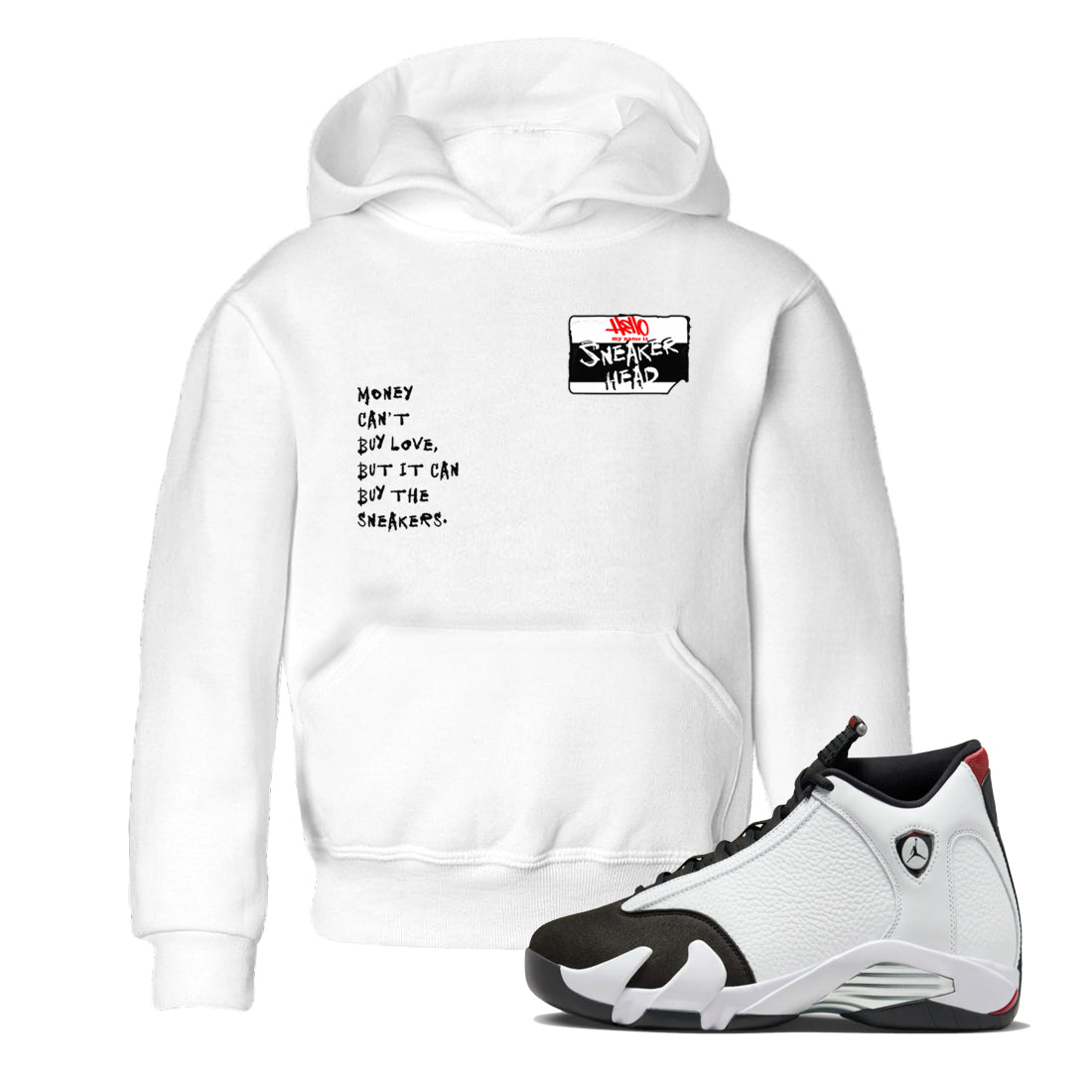 Air Jordan 14 Black Toe t shirts to match sneakers Sneakerhead Badge sneaker match tees 14s Black Toe sneaker match tee SNRT Sneaker Tees Youth Baby White 1 tee