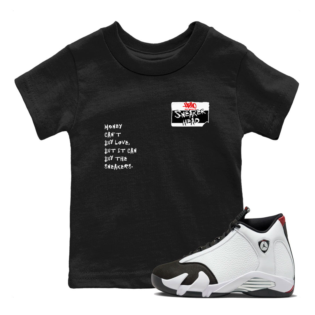 Air Jordan 14 Black Toe t shirts to match sneakers Sneakerhead Badge sneaker match tees 14s Black Toe sneaker match tee SNRT Sneaker Tees Youth Baby Black 1 tee