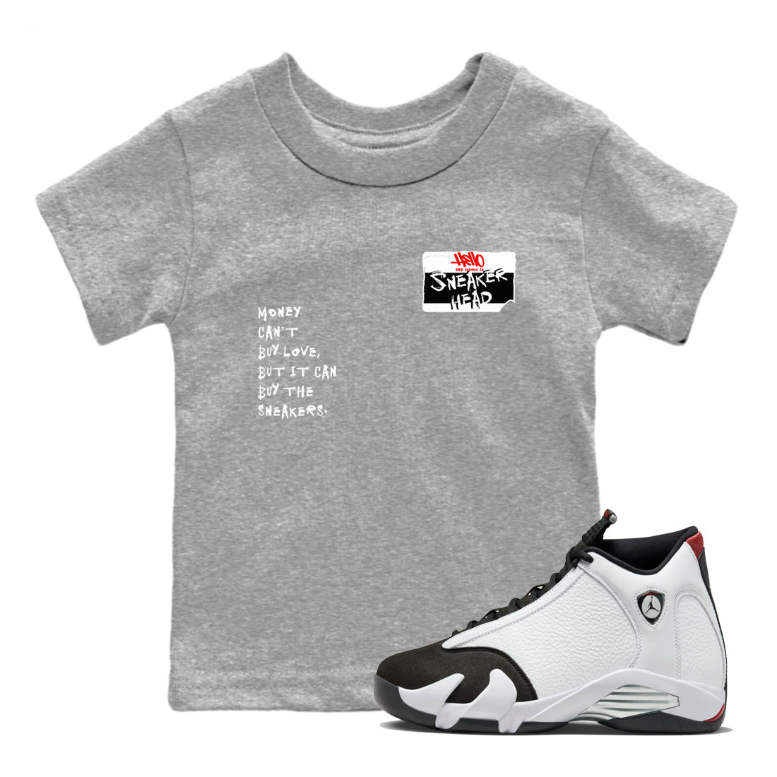 Air Jordan 14 Black Toe t shirts to match sneakers Sneakerhead Badge sneaker match tees 14s Black Toe sneaker match tee SNRT Sneaker Tees Youth Baby Heather Grey 1 tee