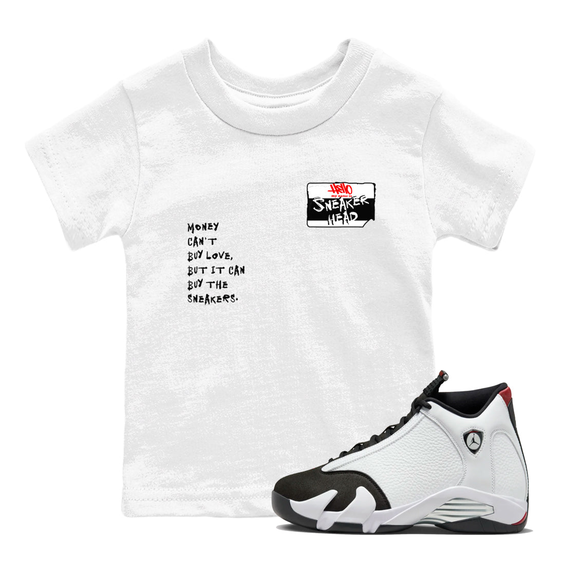 Air Jordan 14 Black Toe t shirts to match sneakers Sneakerhead Badge sneaker match tees 14s Black Toe sneaker match tee SNRT Sneaker Tees Youth Baby White 1 tee