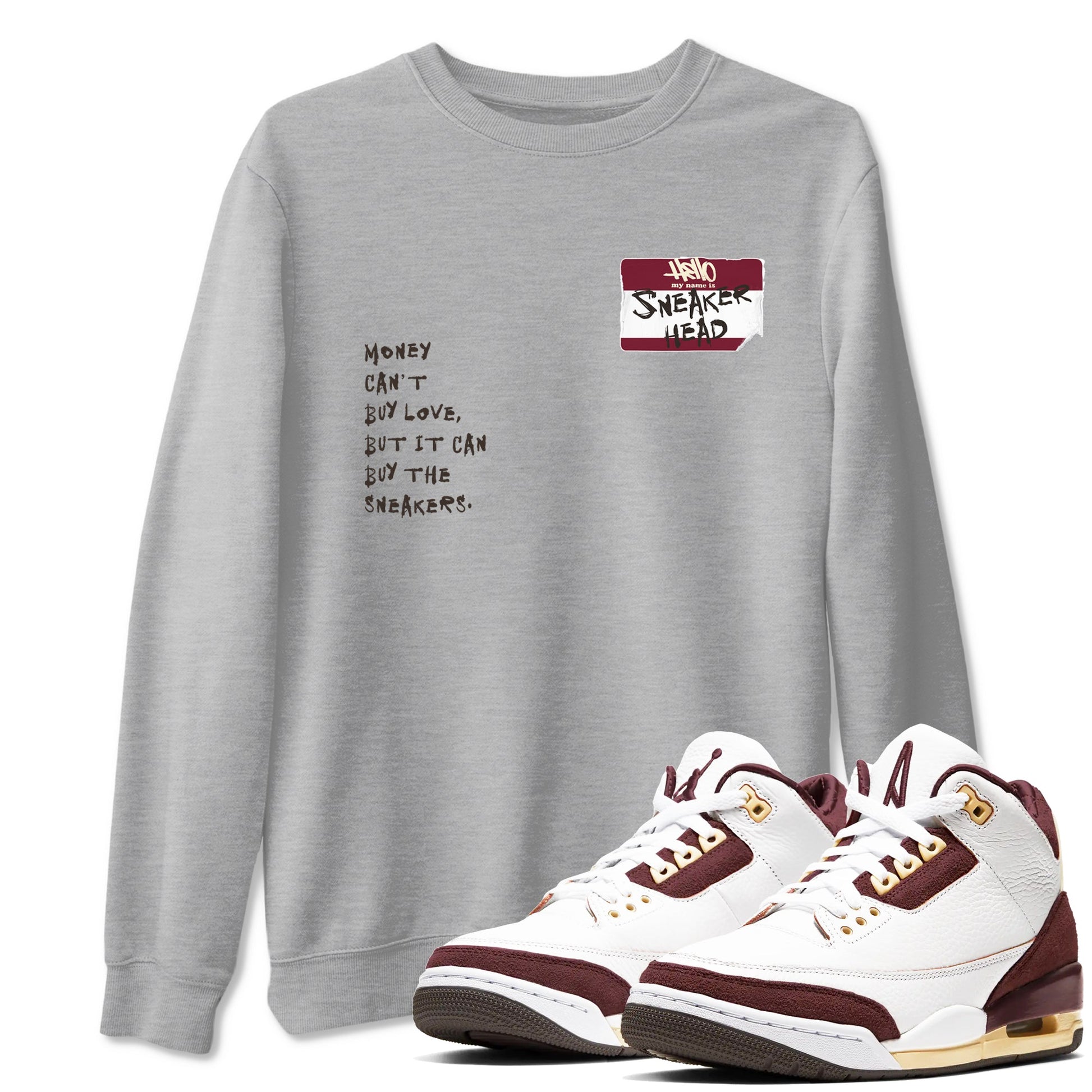 A Ma Maniére x Air Jordan 3 "Burgundy Crush" to match jordans Sneakerhead Badge sneaker match tees Air Jordan 3 A Ma Maniere x Burgundy Crush SNRT Sneaker Tees streetwear brand Heather Grey 1 unisex cotton tee