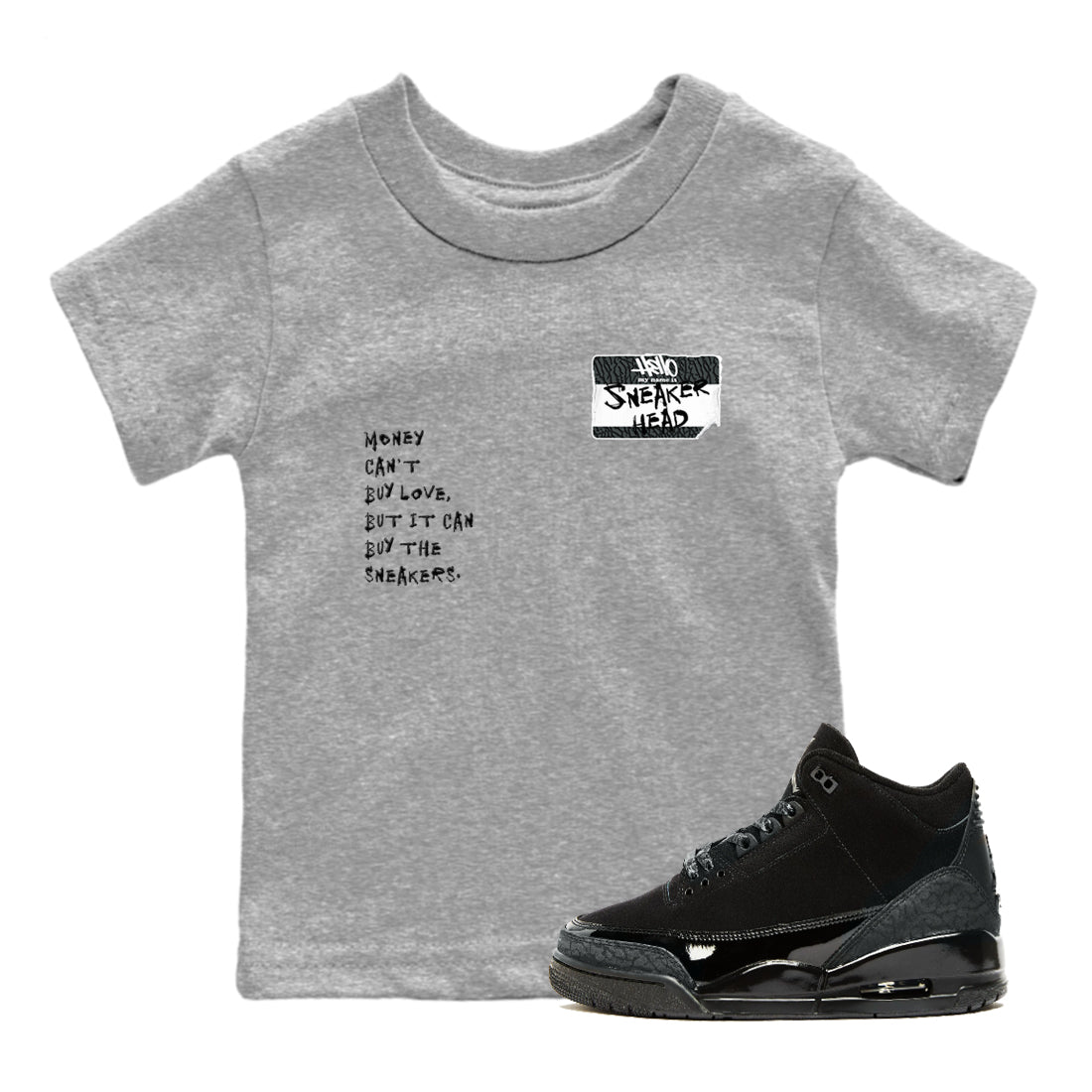 Air Jordan 3 Black Cat shirts to match jordans Sneakerhead Badge sneaker match tees Jordan 3 Retro Black Cat best t shirts to wear with jordans SNRT Sneaker Tees Youth Baby Heather Grey 1 tee