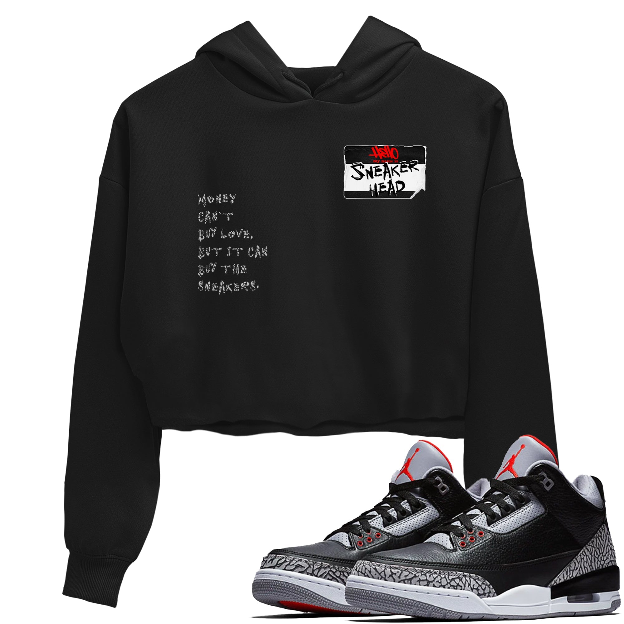 AJ3 Black Cement shirts to match jordans Sneakerhead Badge sneaker match tees Air Jordan 3 Black Cement SNRT Sneaker Tees streetwear brand Black 1 crop tee
