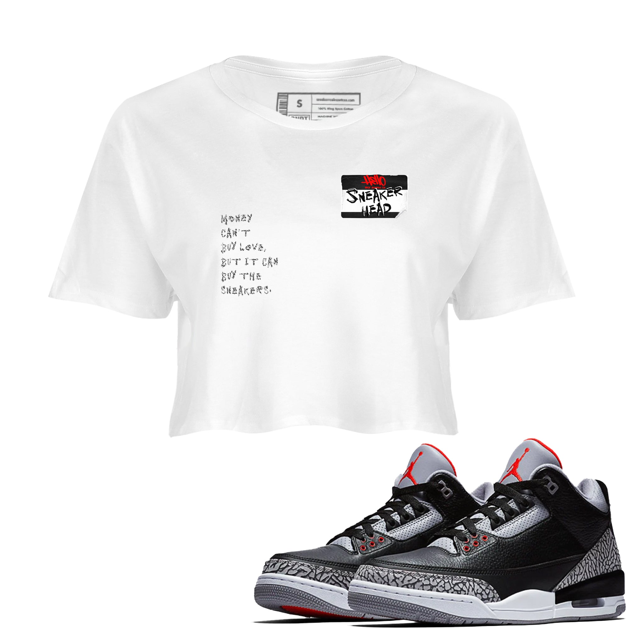 AJ3 Black Cement shirts to match jordans Sneakerhead Badge sneaker match tees Air Jordan 3 Black Cement SNRT Sneaker Tees streetwear brand White 1 crop tee