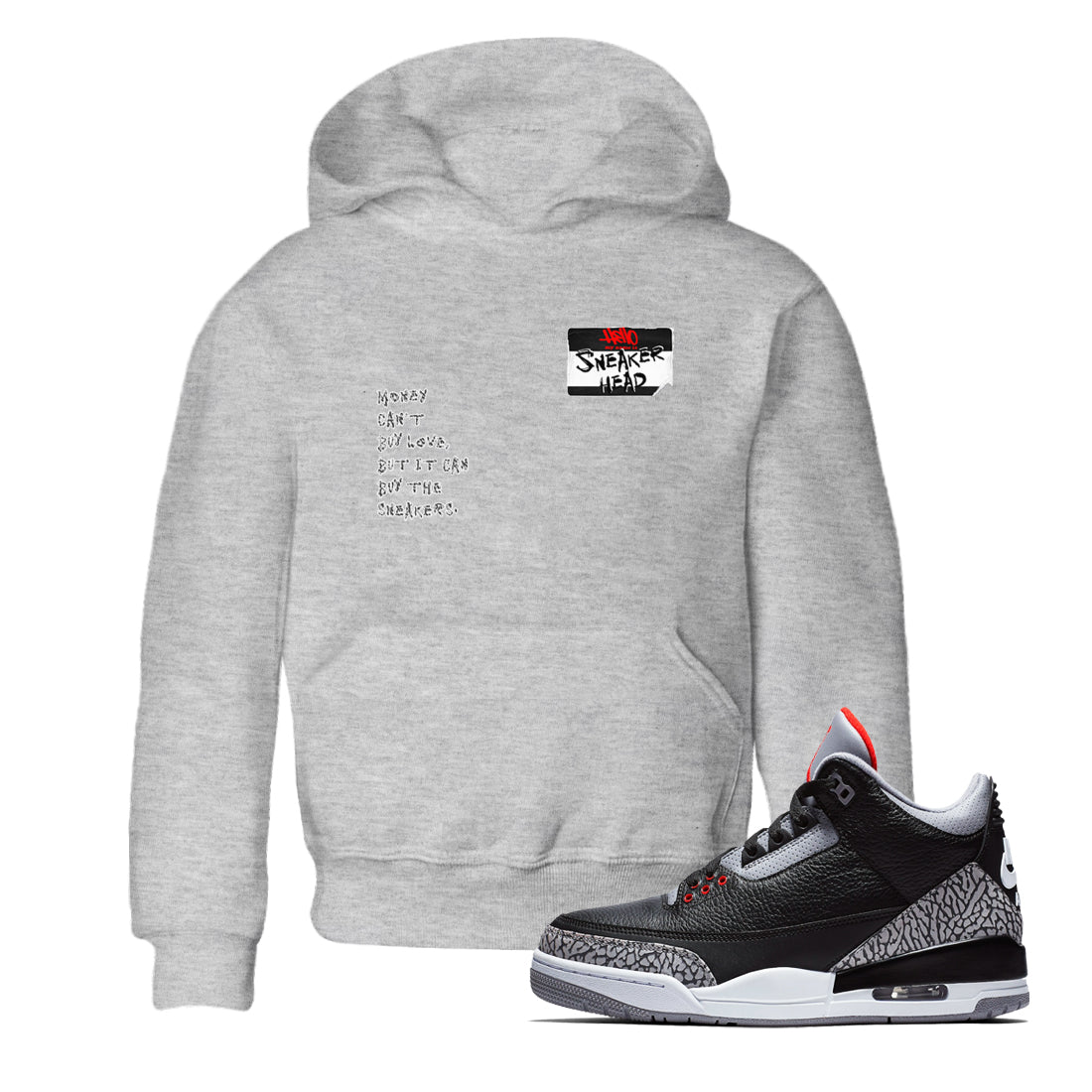 AJ3 Black Cement shirts to match jordans Sneakerhead Badge sneaker match tees Air Jordan 3 Black Cement SNRT Sneaker Tees streetwear brand Baby and Youth Heather Grey 1 cotton tee