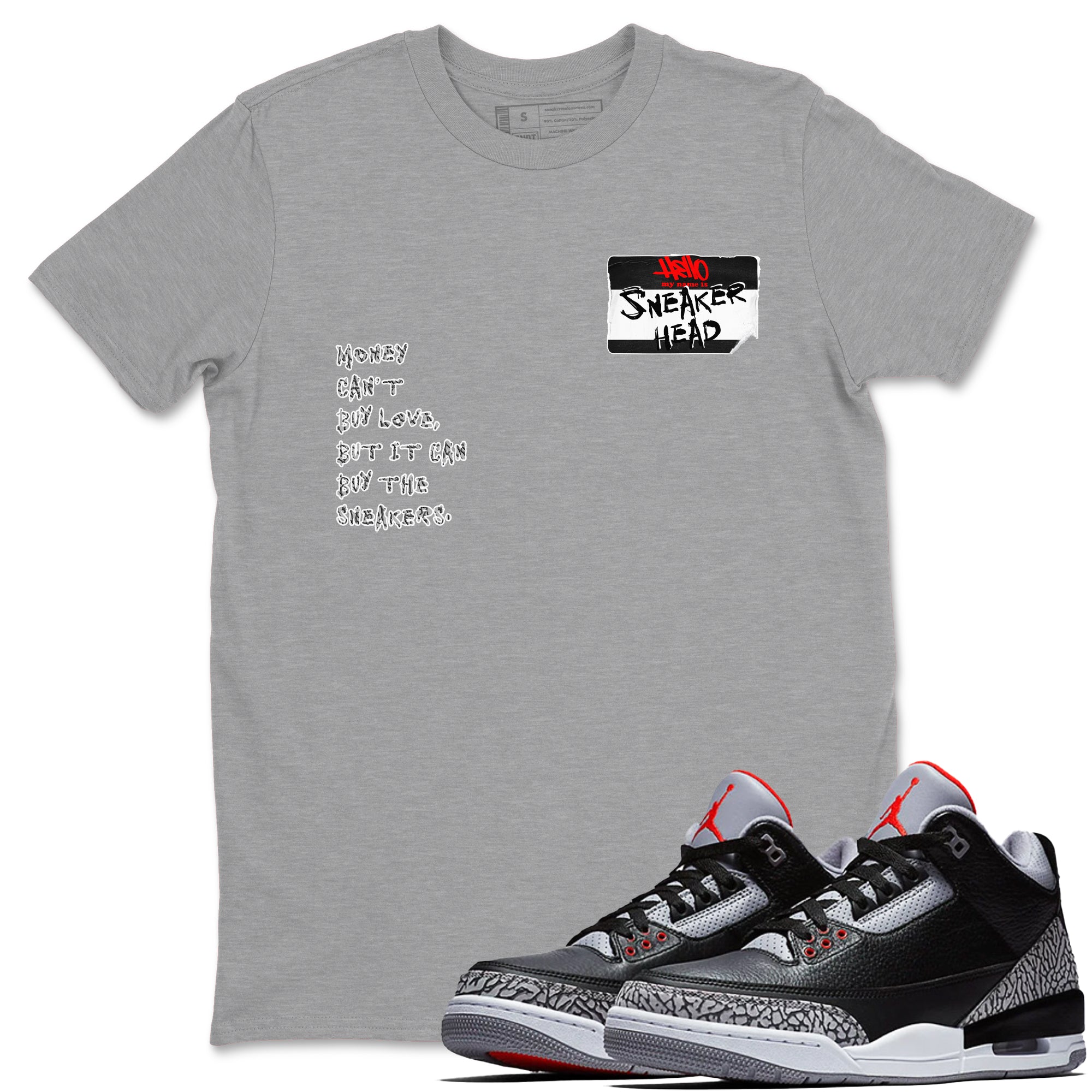 AJ3 Black Cement shirts to match jordans Sneakerhead Badge sneaker match tees Air Jordan 3 Black Cement SNRT Sneaker Tees streetwear brand Heather Grey 1 unisex cotton tee