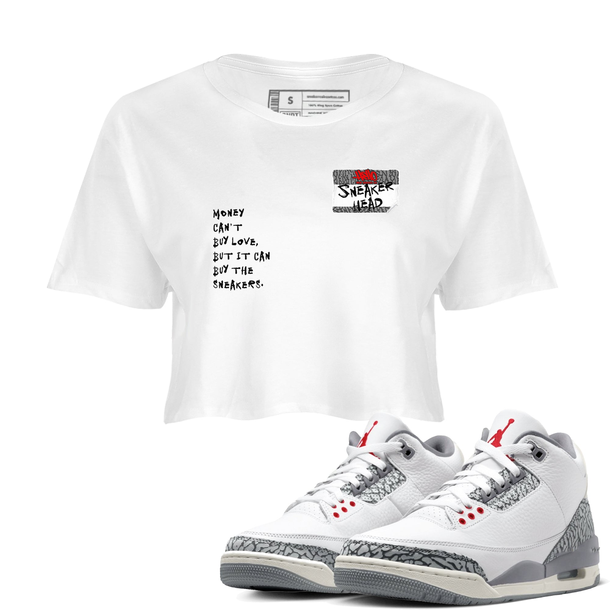3s Cement Grey shirts to match jordans Sneakerhead Badge sneaker match tees Air Jordan 3 Cement Grey SNRT Sneaker Tees streetwear brand White 1 crop tee