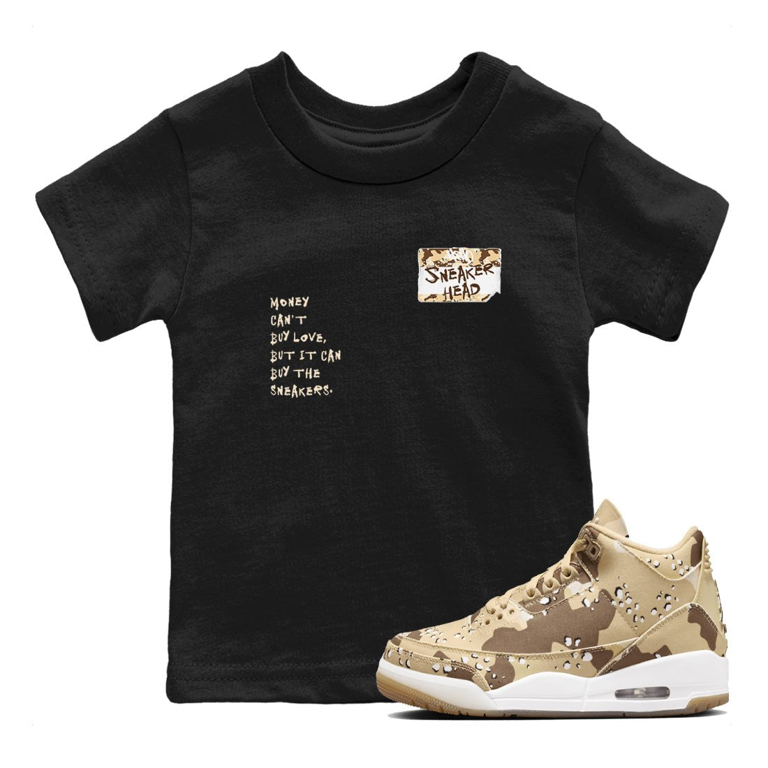 3s Desert Camo shirts to match jordans Sneakerhead Badge sneaker match tees Air Jordan 3 Desert Camo SNRT Sneaker Tees streetwear brand Baby and Youth Black 1 cotton tee