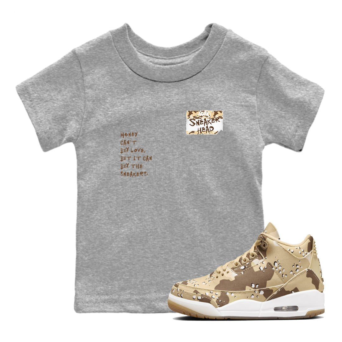 3s Desert Camo shirts to match jordans Sneakerhead Badge sneaker match tees Air Jordan 3 Desert Camo SNRT Sneaker Tees streetwear brand Baby and Youth Heather Grey 1 cotton tee