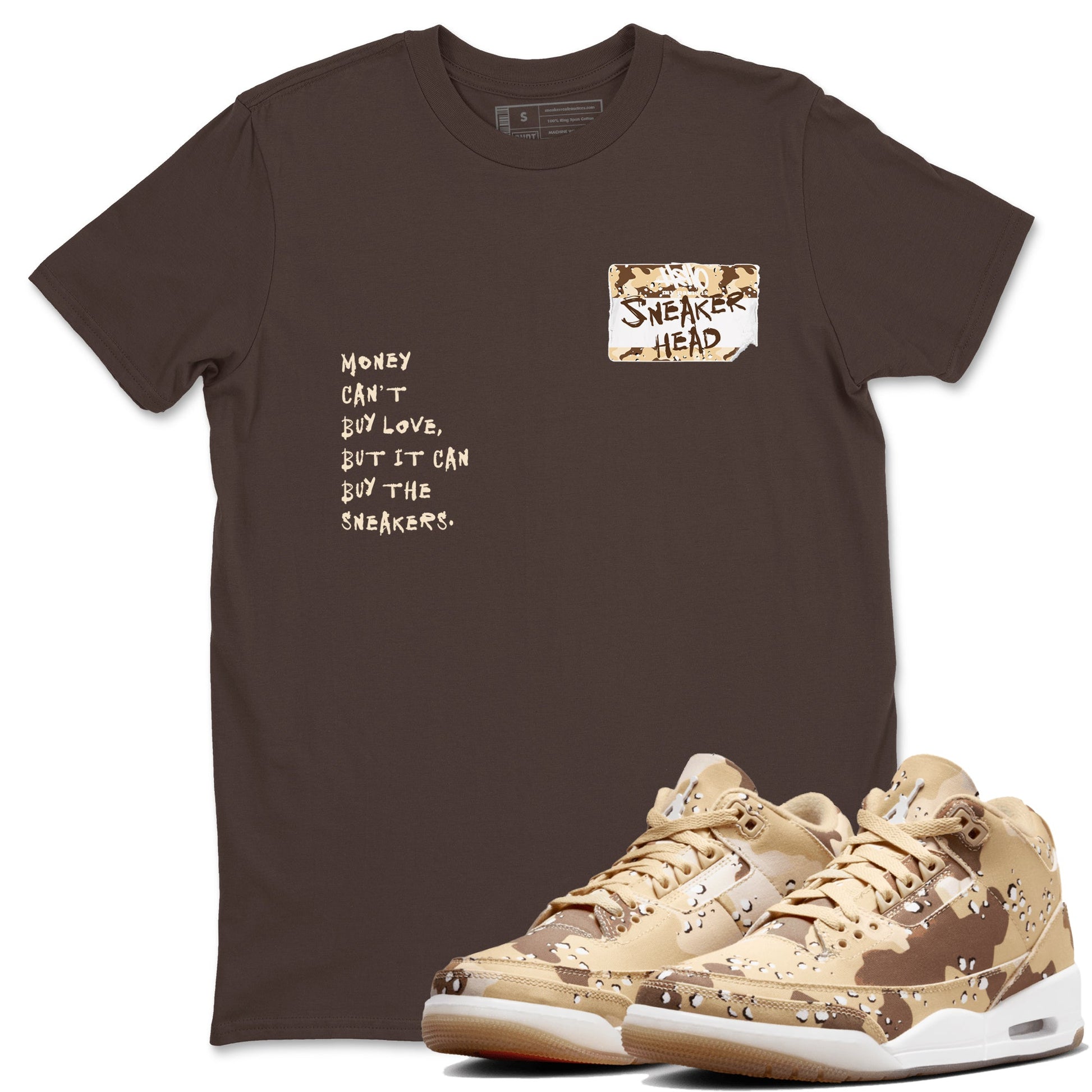 3s Desert Camo shirts to match jordans Sneakerhead Badge sneaker match tees Air Jordan 3 Desert Camo SNRT Sneaker Tees streetwear brand Dark Chocolate 1 unisex cotton tee