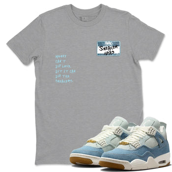 Sneaker match tees – Sneaker Tees To Match 4s Worn Blue Air Jordan 4 Denim Shoes – Sneakerhead Badge Tee Heather Grey 1