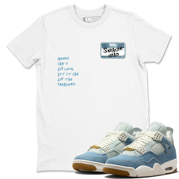 Sneaker match tees – Sneaker Tees To Match 4s Worn Blue Air Jordan 4 Denim Shoes – Sneakerhead Badge Tee White 1
