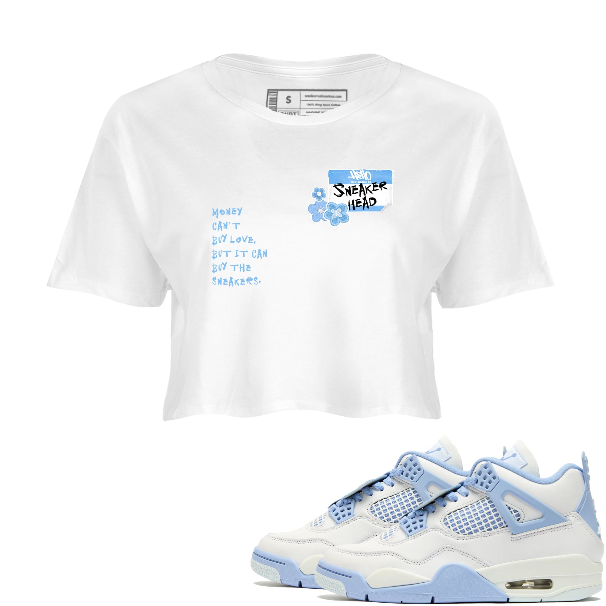 4s Forget Me Not shirts to match jordans Sneakerhead Badge graphic tees Air Jordan 4 Forget Me Not match shoes to clothes SNRT Sneaker Tees unisex cotton White 1 crop tee