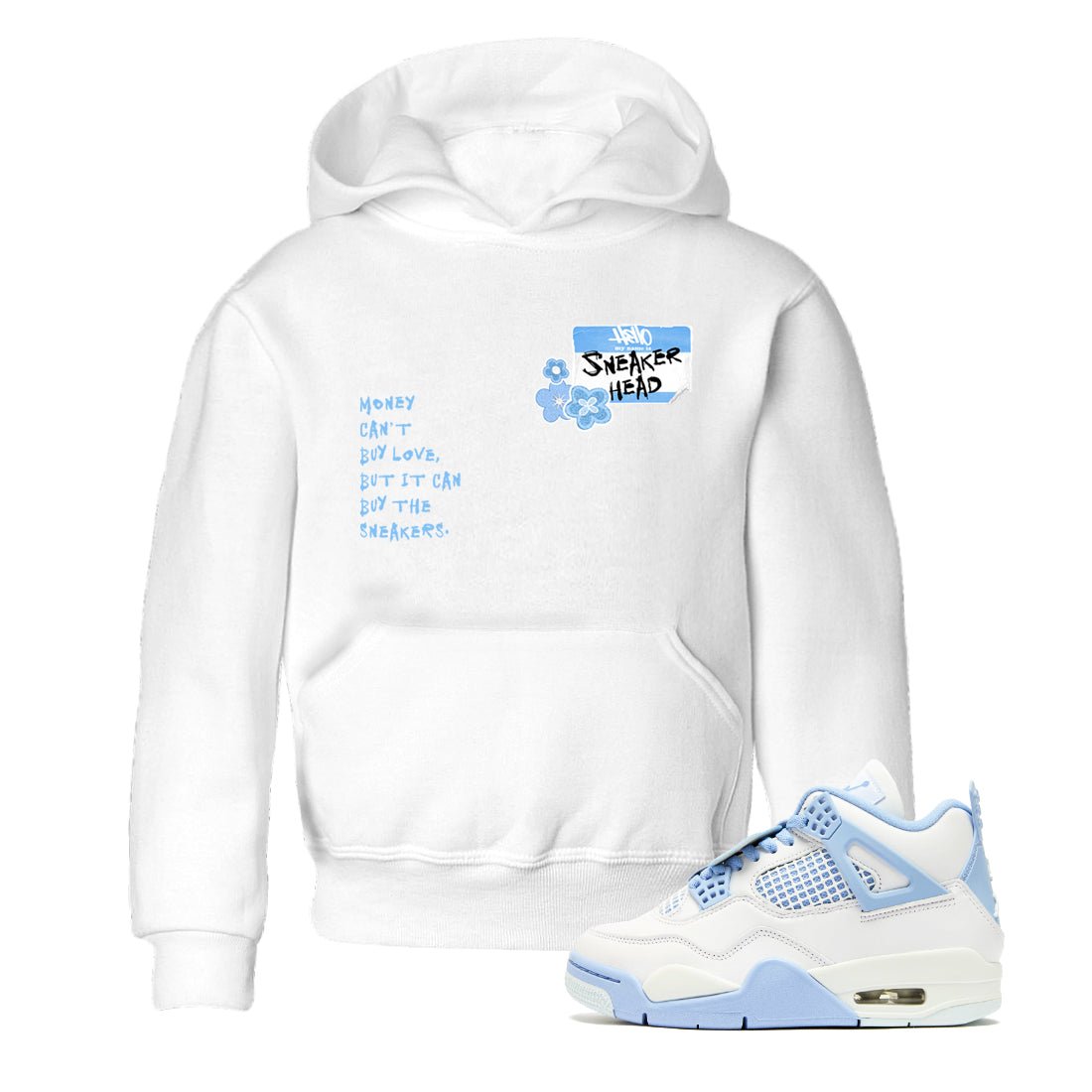 4s Forget Me Not shirts to match jordans Sneakerhead Badge graphic tees Air Jordan 4 Forget Me Not match shoes to clothes SNRT Sneaker Tees Youth Baby White 1 tee