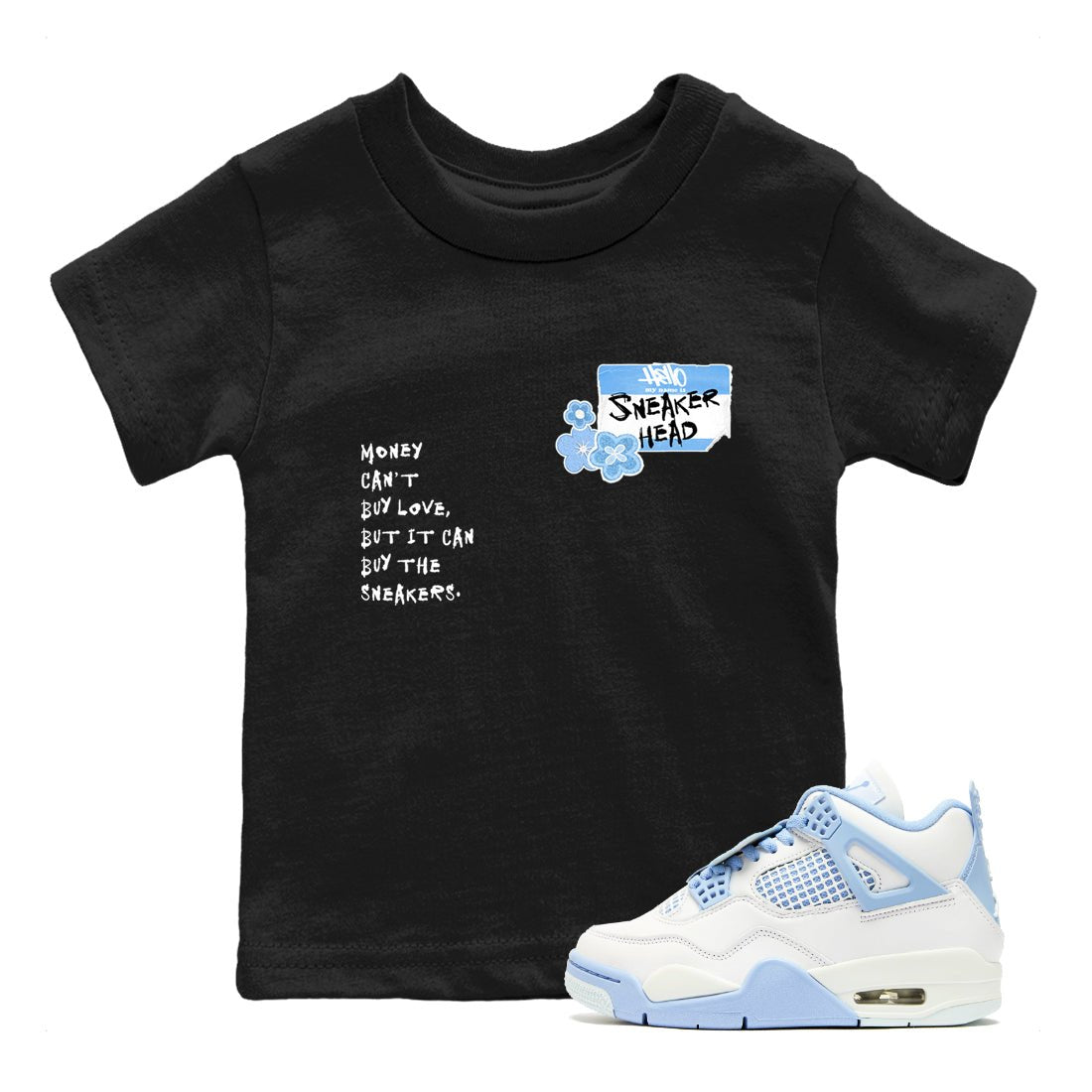 4s Forget Me Not shirts to match jordans Sneakerhead Badge graphic tees Air Jordan 4 Forget Me Not match shoes to clothes SNRT Sneaker Tees Youth Baby Black 1 tee