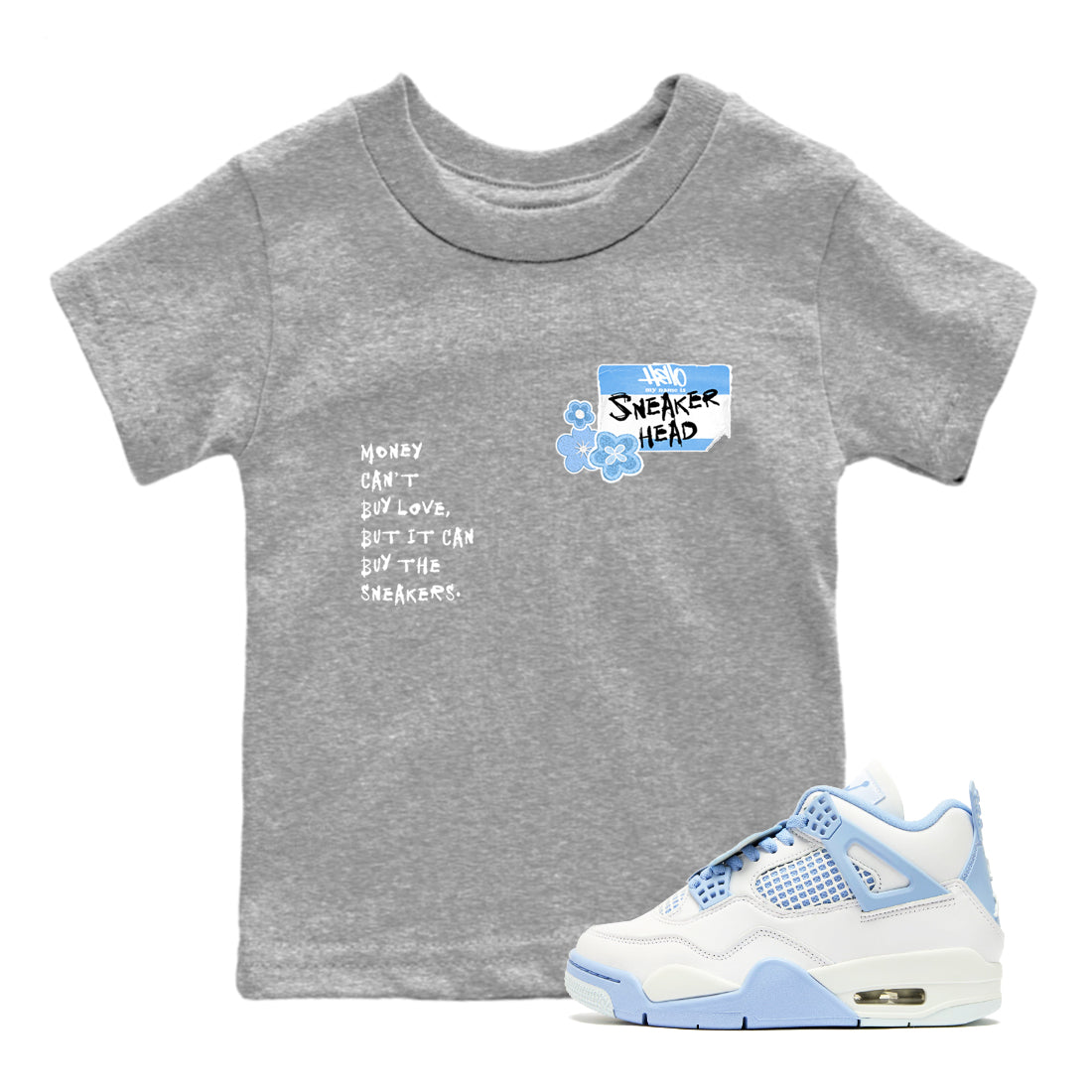 4s Forget Me Not shirts to match jordans Sneakerhead Badge graphic tees Air Jordan 4 Forget Me Not match shoes to clothes SNRT Sneaker Tees Youth Baby Heather Grey 1 tee