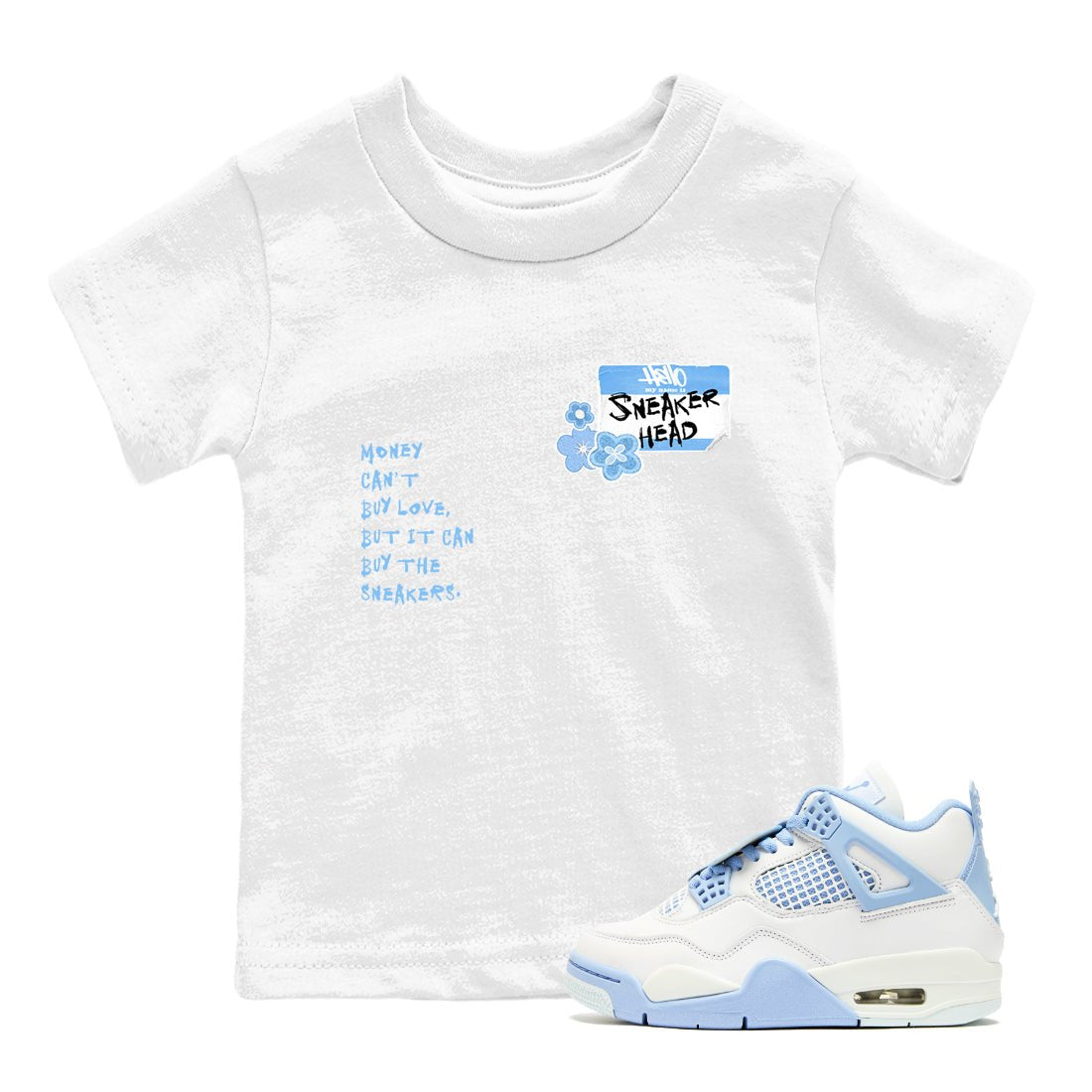 4s Forget Me Not shirts to match jordans Sneakerhead Badge graphic tees Air Jordan 4 Forget Me Not match shoes to clothes SNRT Sneaker Tees Youth Baby White 1 tee