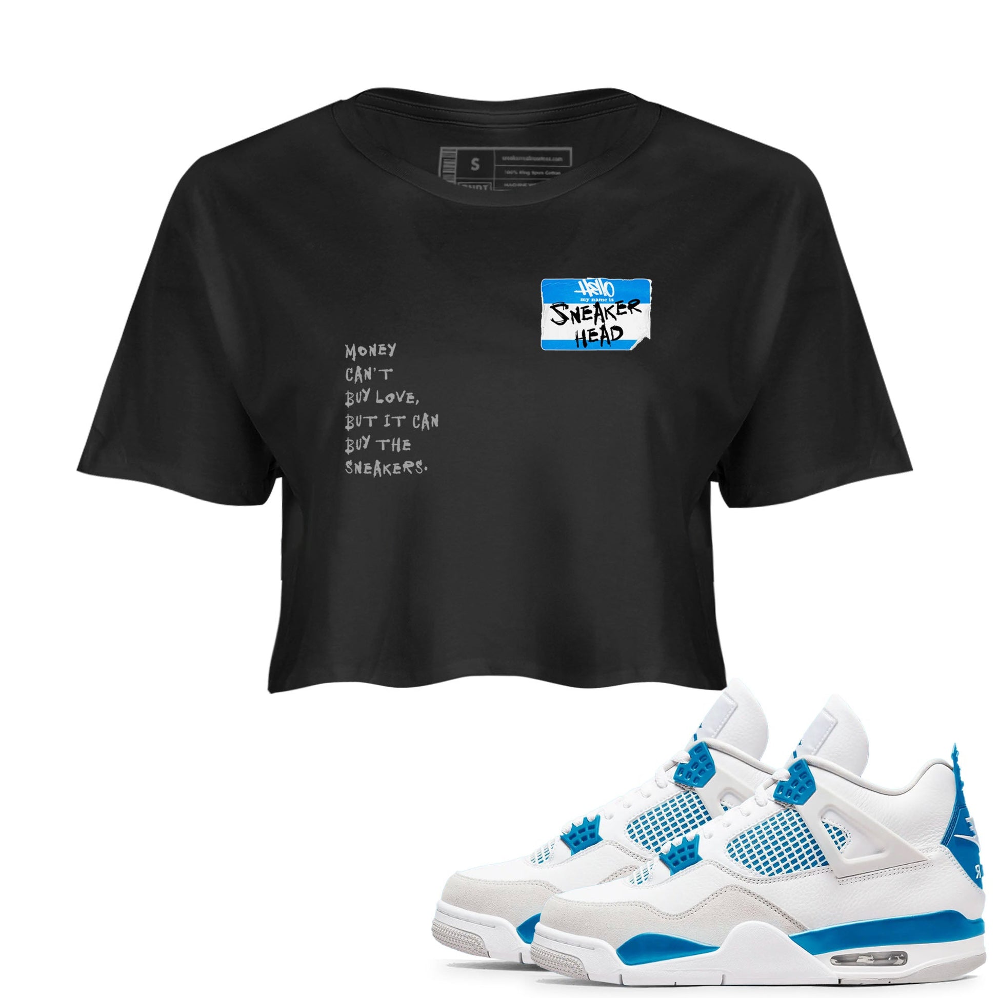 Air Jordan 4 Retro Military Blue shirt to match jordans Sneakerhead Badge sneaker tees AJ4 Military Blue SNRT Sneaker Release Tees Black 1 crop length shirt