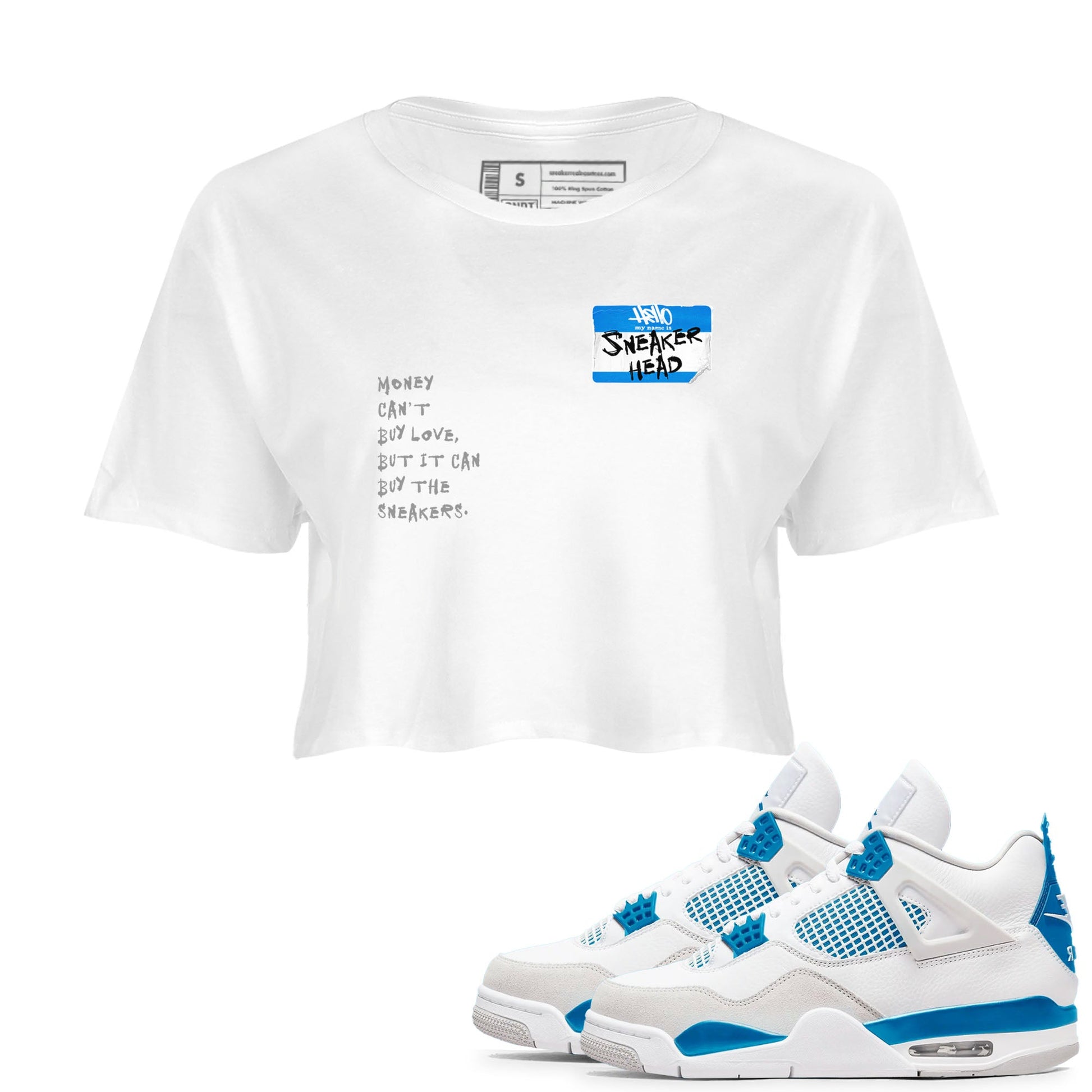 Air Jordan 4 Retro Military Blue shirt to match jordans Sneakerhead Badge sneaker tees AJ4 Military Blue SNRT Sneaker Release Tees White 1 crop length shirt