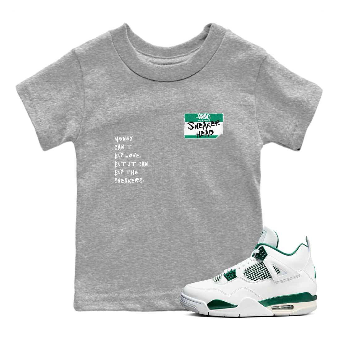 4s Oxidized Green shirts to match jordans Sneakerhead Badge sneaker match tees Air Jordan 4 Oxidized Green SNRT Sneaker Tees streetwear brand Baby and Youth Heather Grey 1 cotton tee