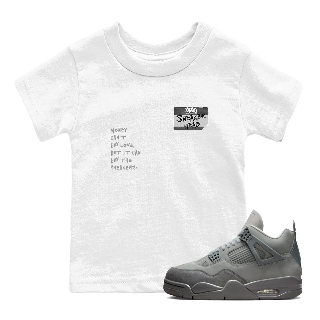 4s Wet Cement shirts to match jordans Sneakerhead Badge sneaker match tees Air Jordan 4 Wet Cement SNRT Sneaker Release Tees Youth Baby White 1 crew neck shirts