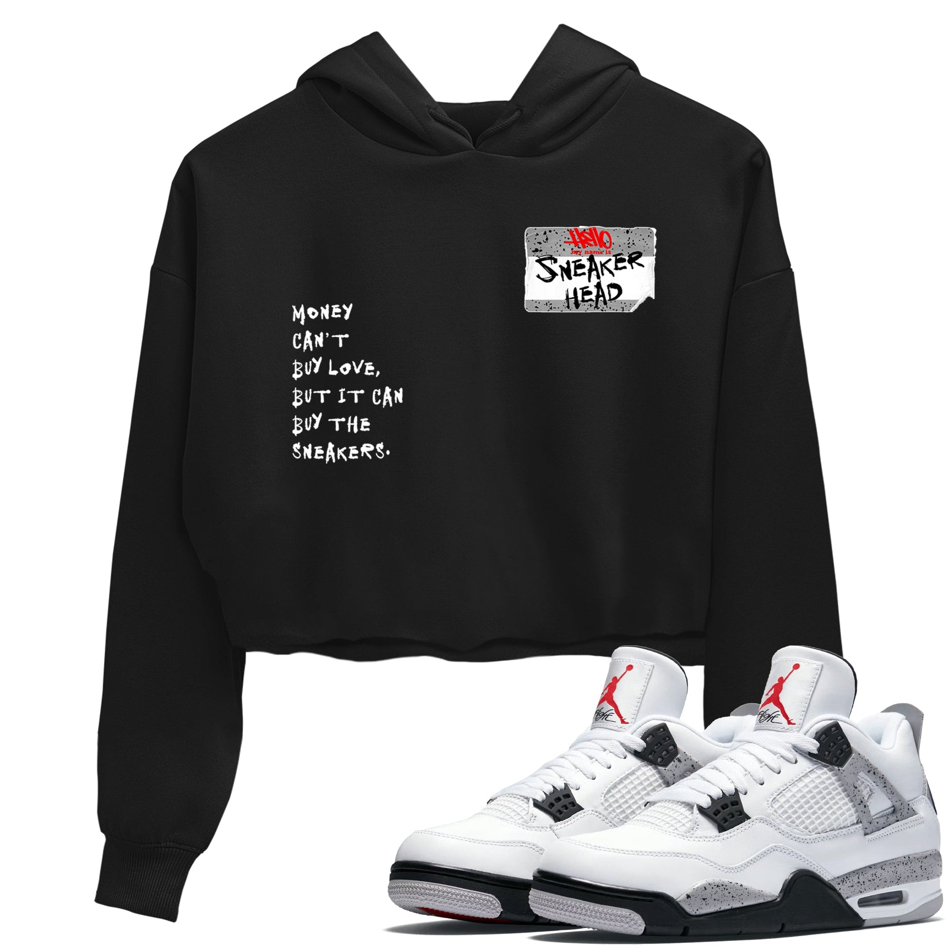 Sneakerhead Badge womens crop tee made to vibe with the Air Jordan 4 White Cement sneakers — the perfect match in Black 1.