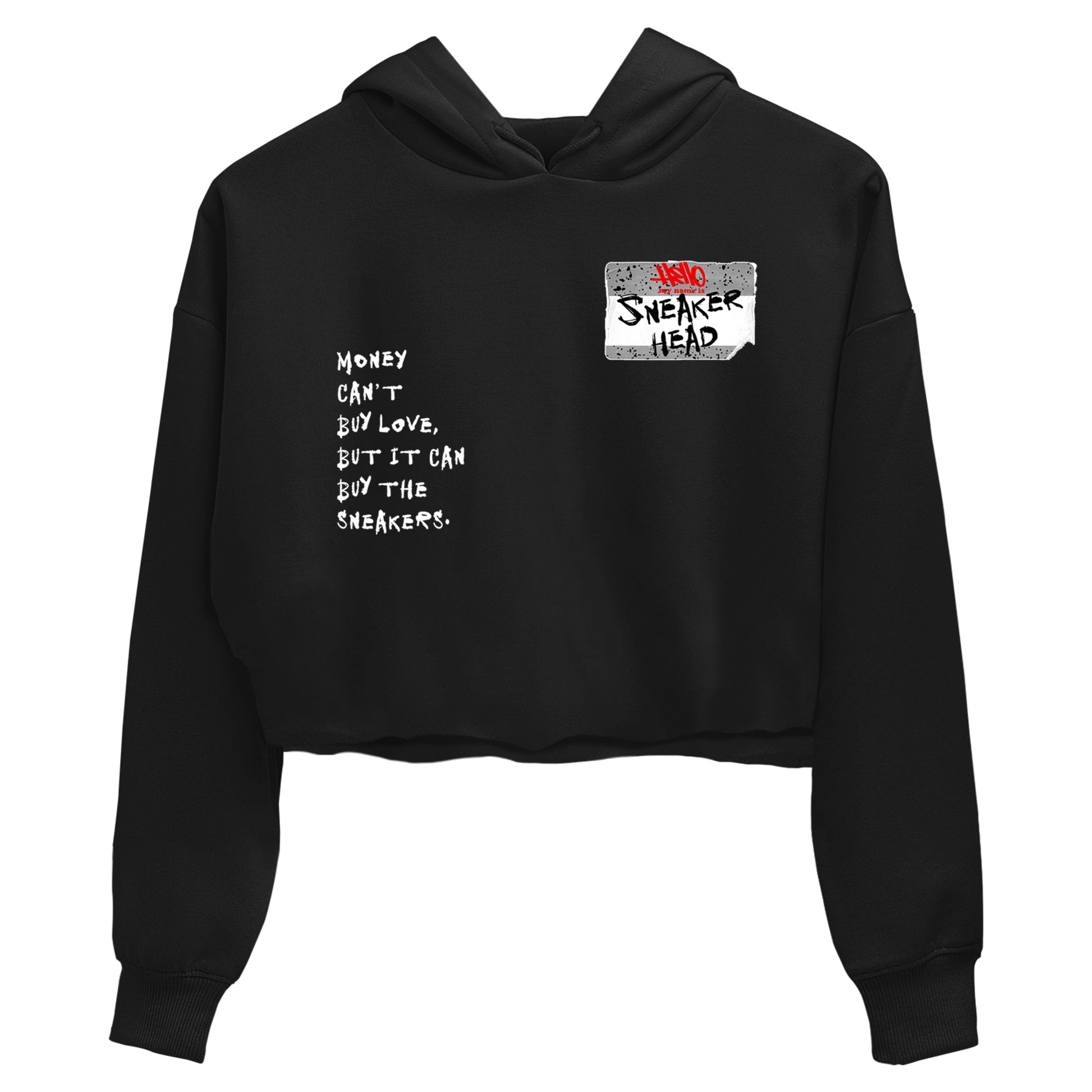 Sneakerhead Badge womens crop tee made to vibe with the Air Jordan 4 White Cement sneakers — the perfect match in Black 2.