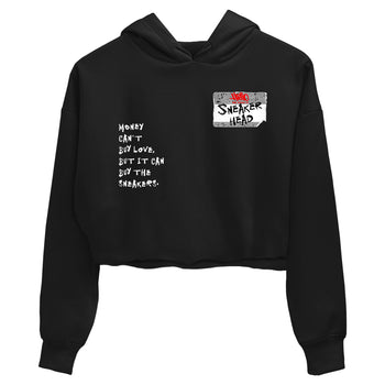 Sneakerhead Badge womens crop tee made to vibe with the Air Jordan 4 White Cement sneakers — the perfect match in Black 2.