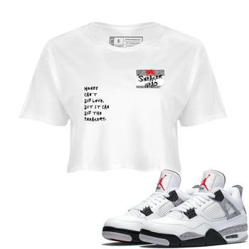 Sneakerhead Badge womens crop tee made to vibe with the Air Jordan 4 White Cement sneakers — the perfect match in White 1.