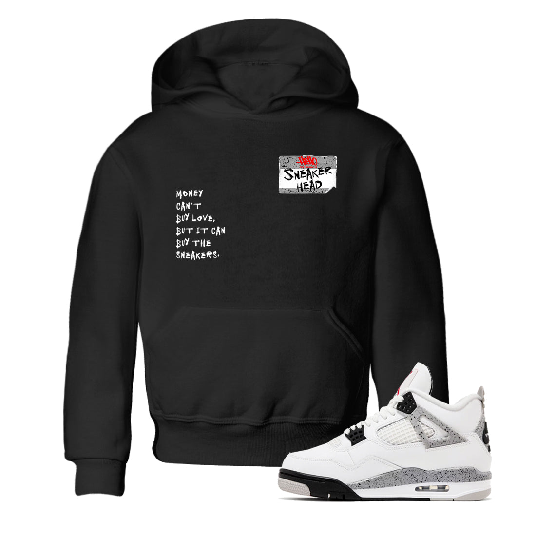 Sneakerhead Badge baby and kids t-shirt crafted for little sneakerheads to shine with the Air Jordan 4 White Cement sneakers, displayed in Black 1.