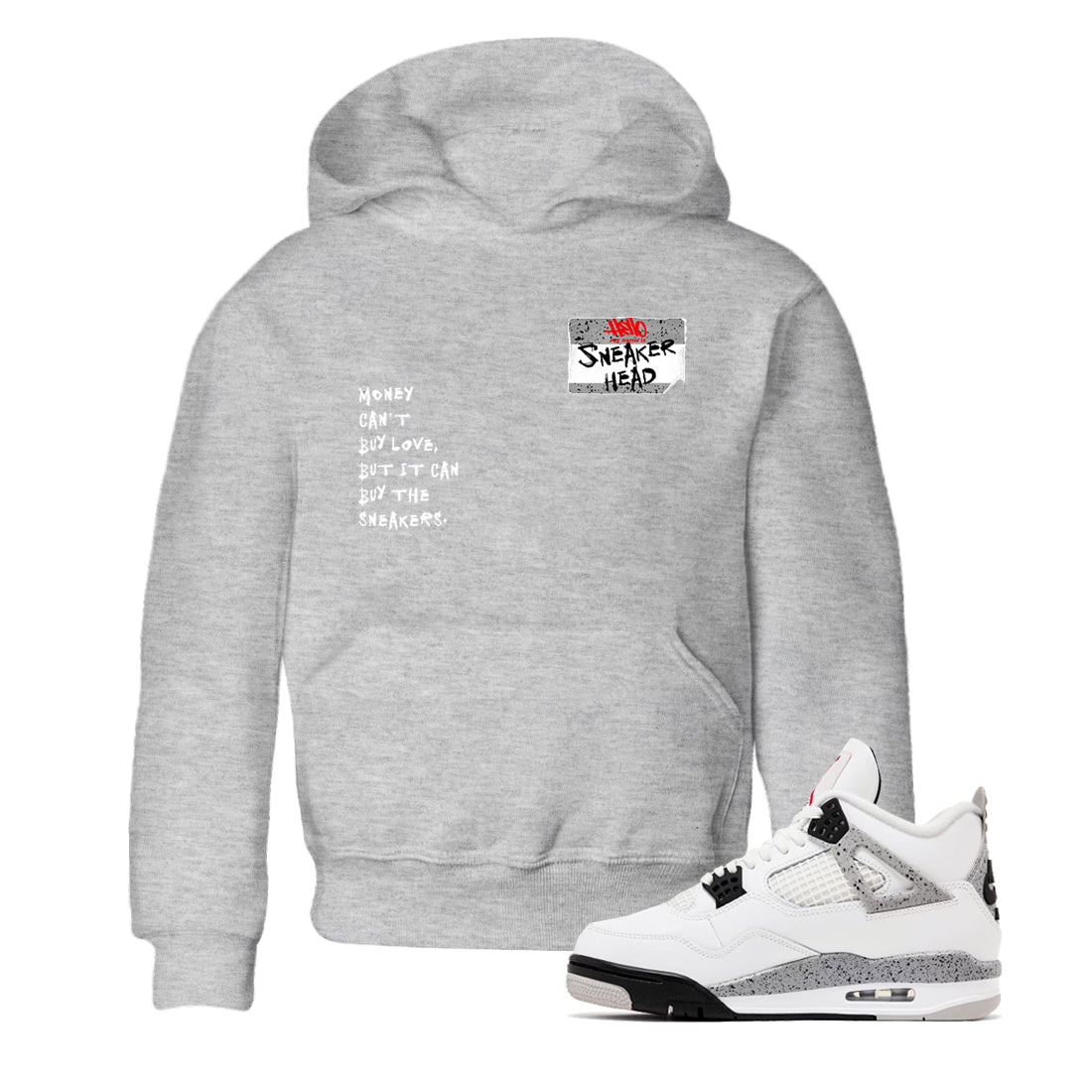 Sneakerhead Badge baby and kids t-shirt crafted for little sneakerheads to shine with the Air Jordan 4 White Cement sneakers, displayed in Heather Grey 1.