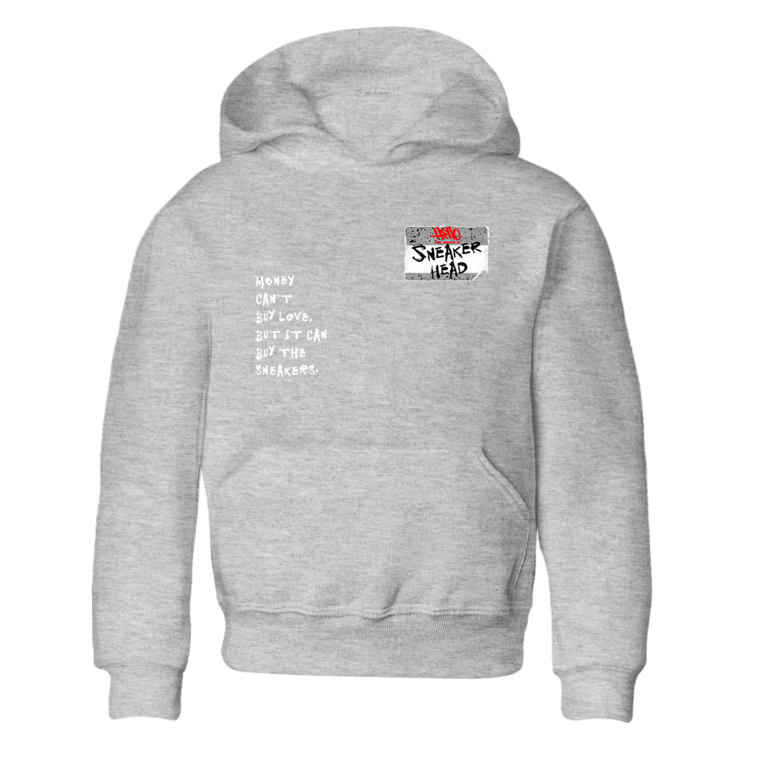 Sneakerhead Badge baby and kids t-shirt crafted for little sneakerheads to shine with the Air Jordan 4 White Cement sneakers, displayed in Heather Grey 2.