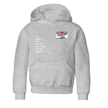 Sneakerhead Badge baby and kids t-shirt crafted for little sneakerheads to shine with the Air Jordan 4 White Cement sneakers, displayed in Heather Grey 2.
