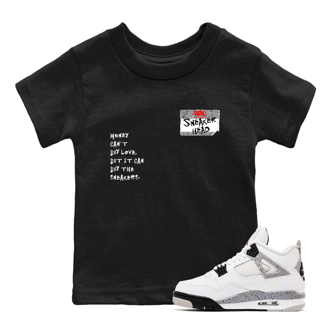 Sneakerhead Badge baby and kids t-shirt crafted for little sneakerheads to shine with the Air Jordan 4 White Cement sneakers, displayed in Black 1.
