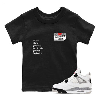 Sneakerhead Badge baby and kids t-shirt crafted for little sneakerheads to shine with the Air Jordan 4 White Cement sneakers, displayed in Black 1.