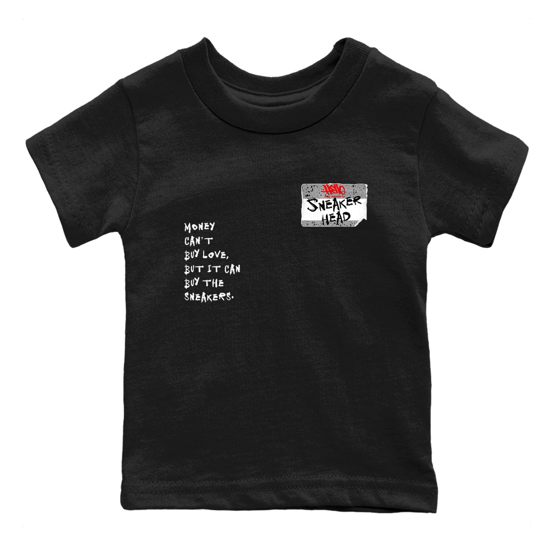 Sneakerhead Badge baby and kids t-shirt crafted for little sneakerheads to shine with the Air Jordan 4 White Cement sneakers, displayed in Black 2.