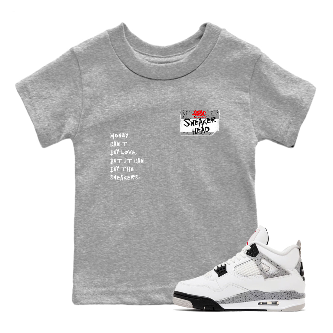 Sneakerhead Badge baby and kids t-shirt crafted for little sneakerheads to shine with the Air Jordan 4 White Cement sneakers, displayed in Heather Grey 1.