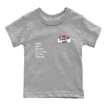 Sneakerhead Badge baby and kids t-shirt crafted for little sneakerheads to shine with the Air Jordan 4 White Cement sneakers, displayed in Heather Grey 2.