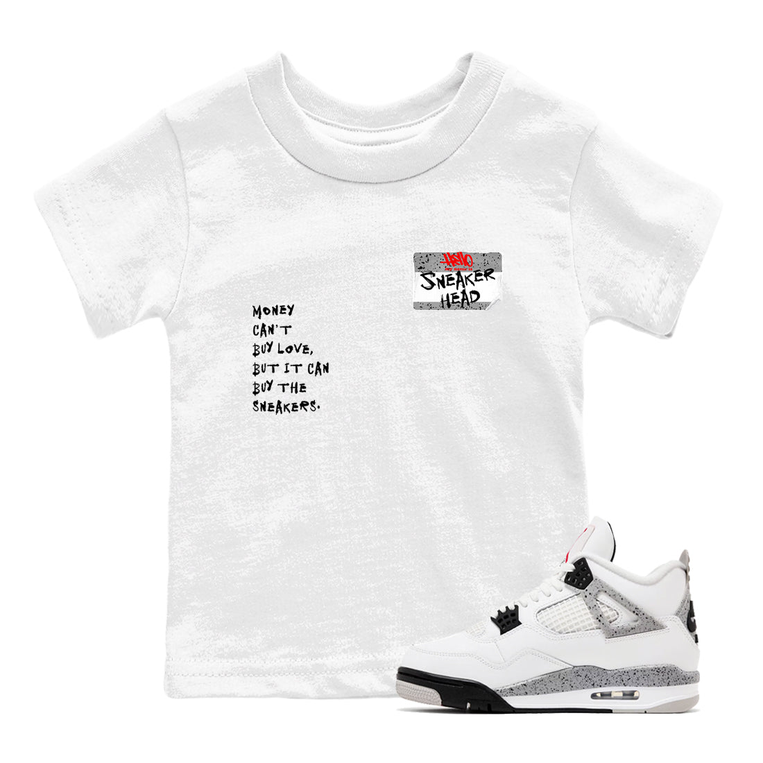Sneakerhead Badge baby and kids t-shirt crafted for little sneakerheads to shine with the Air Jordan 4 White Cement sneakers, displayed in White 1.