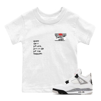 Sneakerhead Badge baby and kids t-shirt crafted for little sneakerheads to shine with the Air Jordan 4 White Cement sneakers, displayed in White 1.