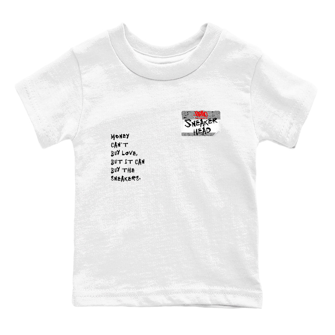 Sneakerhead Badge baby and kids t-shirt crafted for little sneakerheads to shine with the Air Jordan 4 White Cement sneakers, displayed in White 2.
